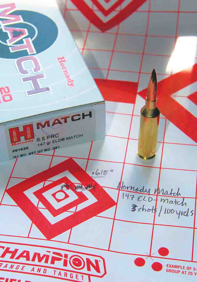 The best group assembled by the 6.5 PRC barrel with factory ammunition measured .615 inch at 2,910 fps, shot with Hornady’s Match rounds loaded with 147-grain ELD Match bullets.